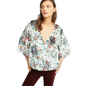 Maeve Umi Silk and Velvet Multicolor Floral Wrap Top Size S